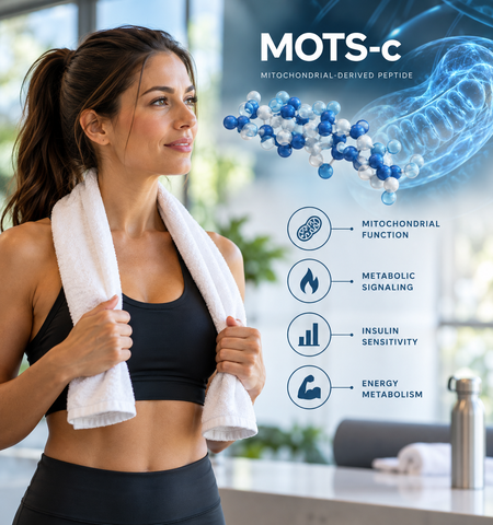 Woman after a workout beside a MOTS-c mitochondrial-derived peptide graphic covering mitochondrial function, metabolic signaling, insulin sensitivity, and energy metabolism — Drip Lounge